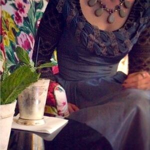 Anthropologie Golden/Brass Necklace w/Light Jade Drops & Purple Beaded Crystals